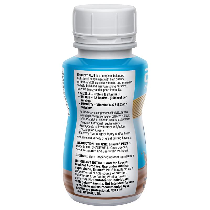 Back label of the Ensure Plus Chocolate bottle with directions and important notice