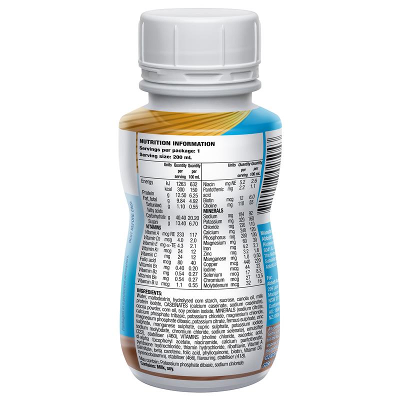 Ensure Plus Chocolate nutrition information panel and ingredients