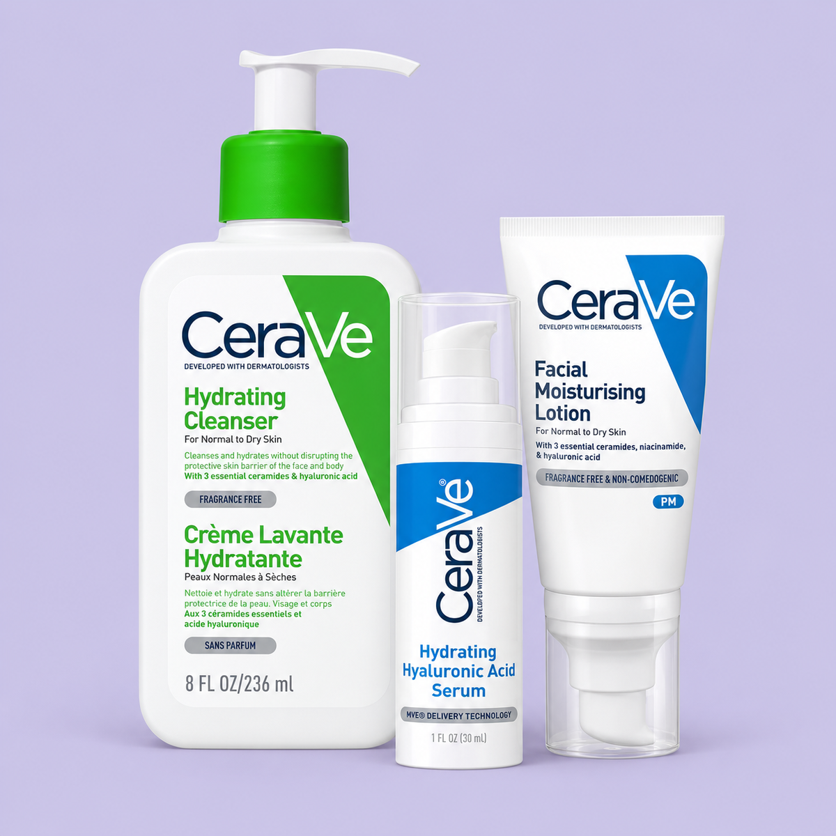 CeraVe Everyday Hydration Routine, the Hydrating Cleanser, Hydrating Hyaluronic Acid Serum and Facial Moisturising Lotion PM together on a lilac background