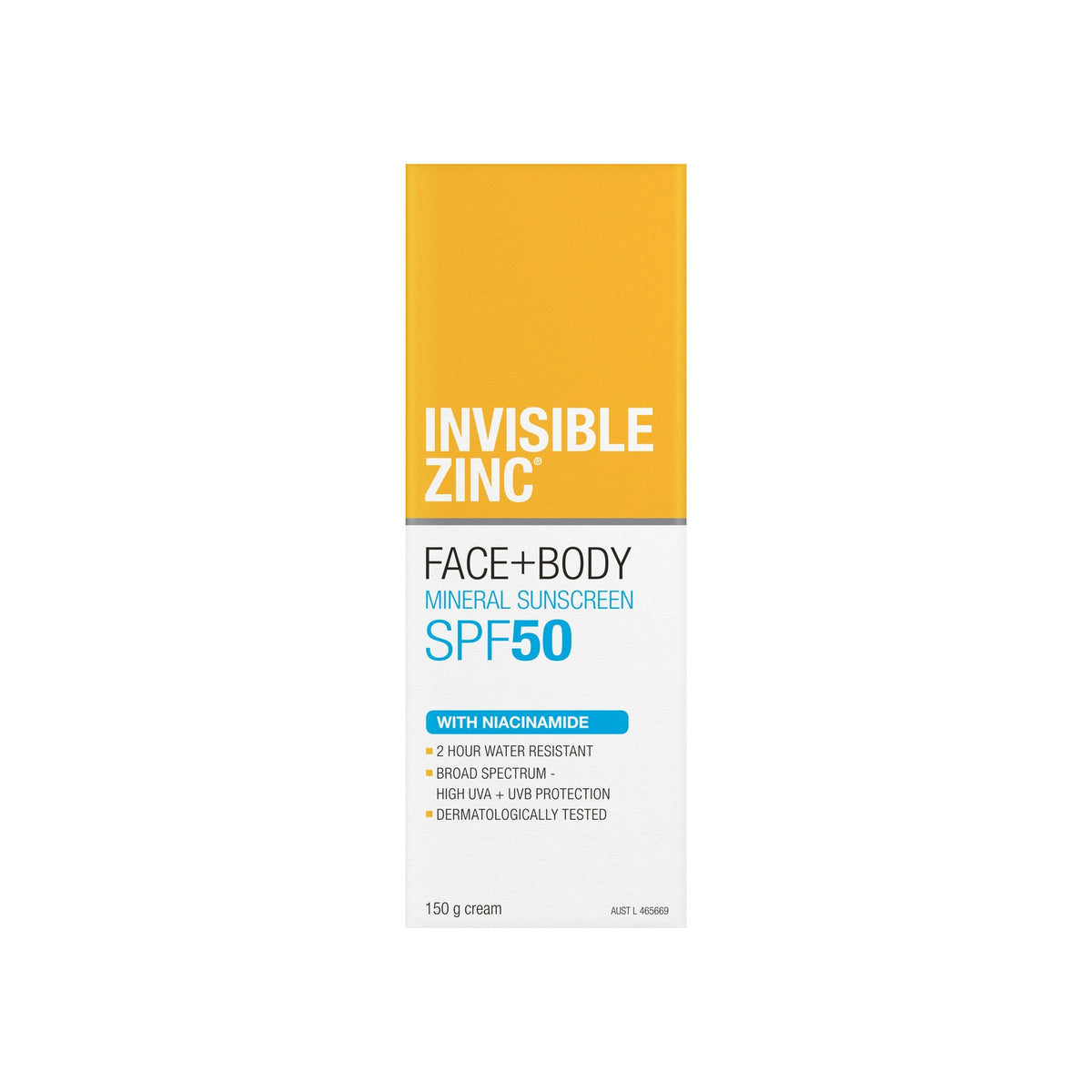 Invisible Zinc Face + Body Mineral Sunscreen SPF50 150g carton, front
