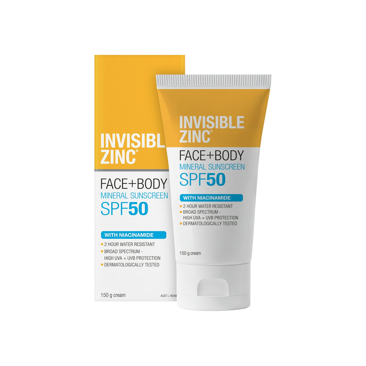 Invisible Zinc Face + Body SPF50 150g carton and tube