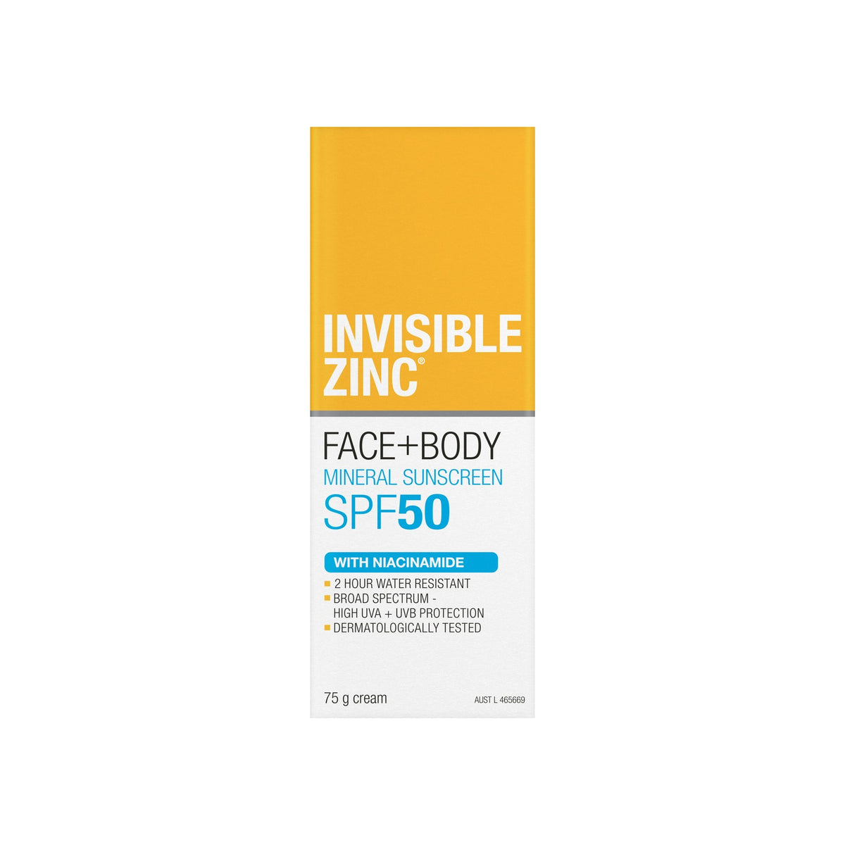 Invisible Zinc Face + Body Mineral Sunscreen SPF50 75g carton, front
