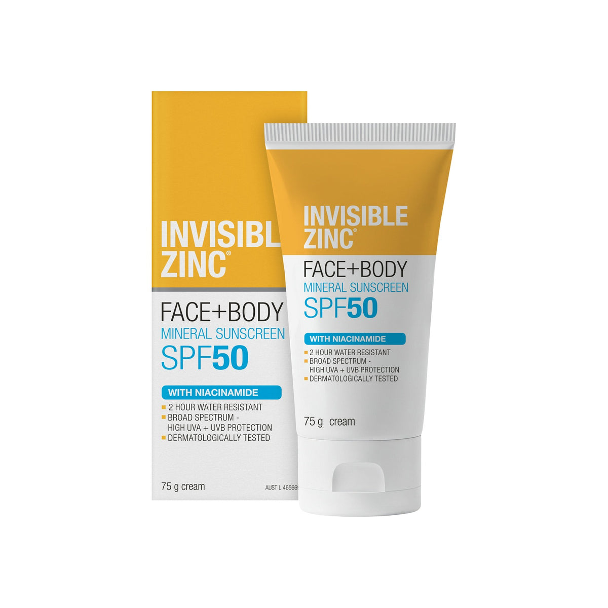 Invisible Zinc Face + Body SPF50 75g carton and tube