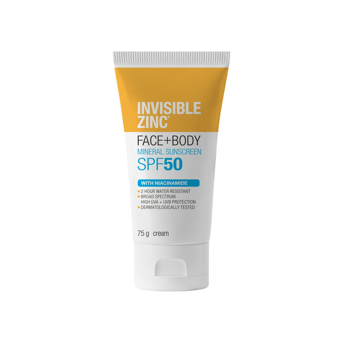 Invisible Zinc Face + Body SPF50 75g tube, front