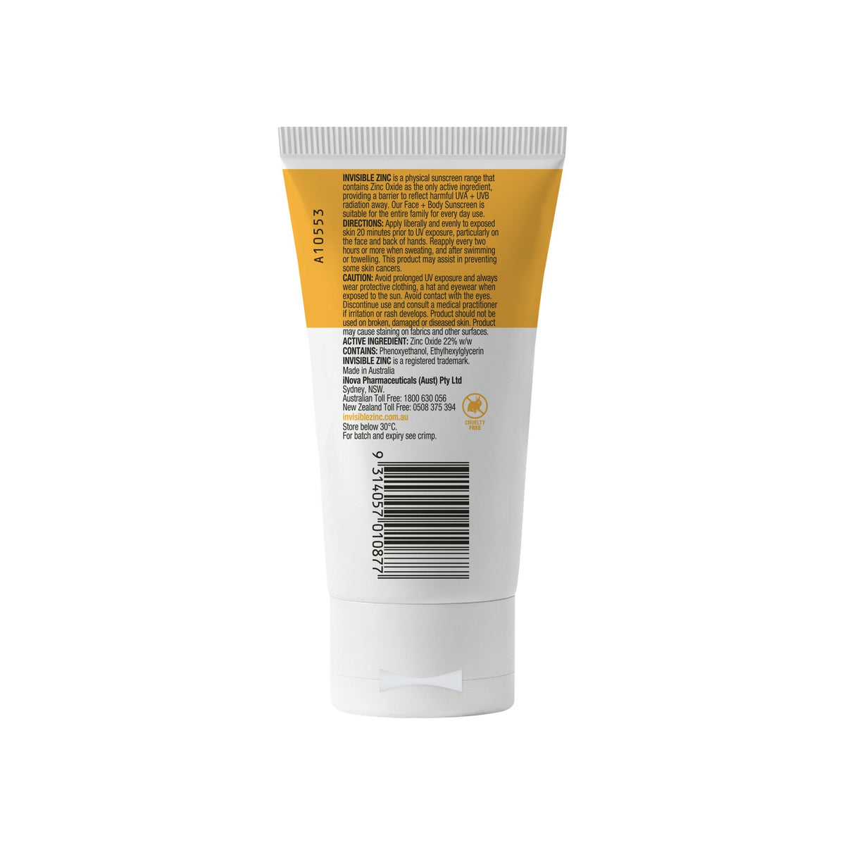 Invisible Zinc Face + Body SPF50 75g tube, back with directions