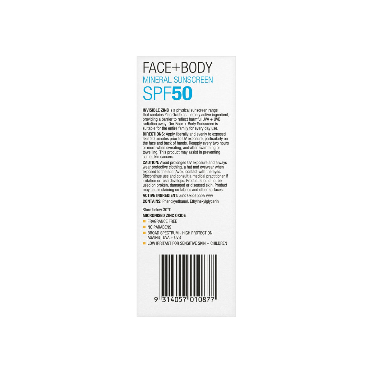 Invisible Zinc Face + Body SPF50 carton back with ingredients and directions