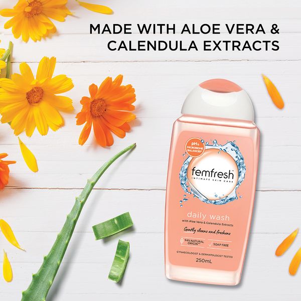 Femfresh Daily Wash shown with aloe vera and calendula, the extracts in the formula