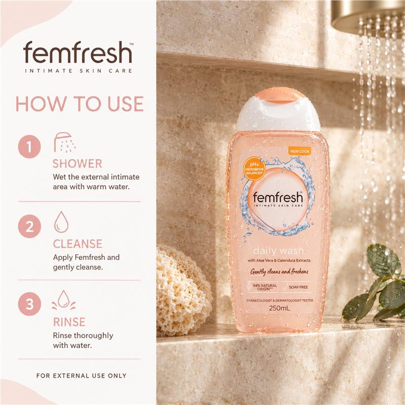 How to use Femfresh Daily Wash: shower, cleanse, rinse