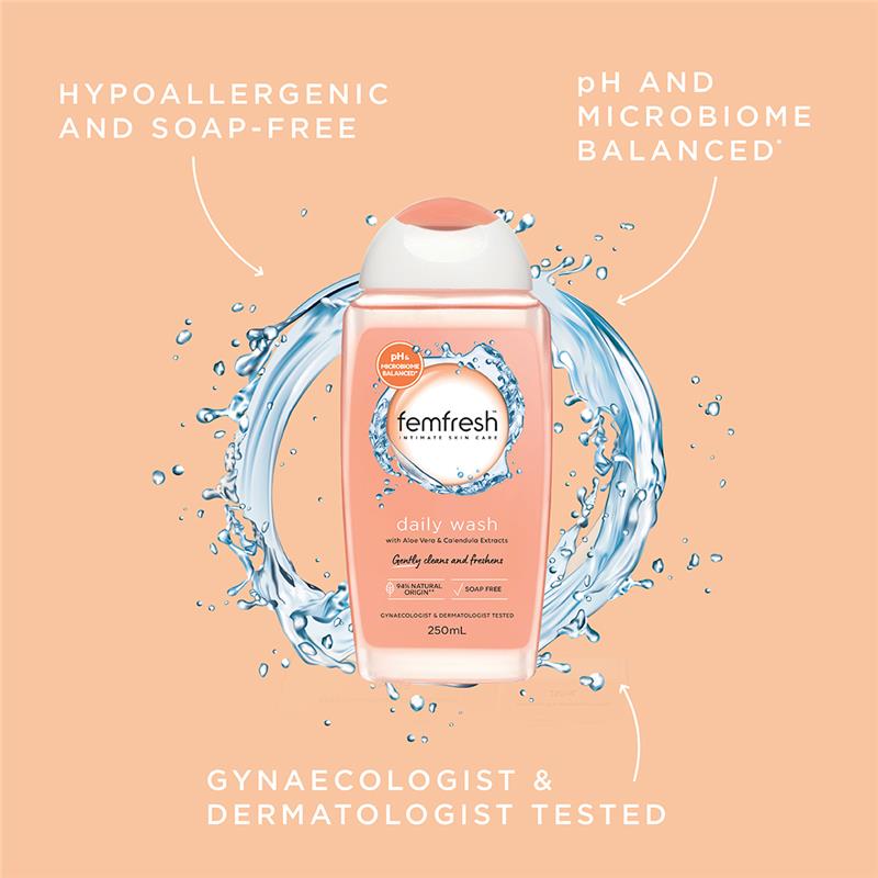 Femfresh Daily Wash: hypoallergenic, soap free, pH and microbiome balanced, gynaecologist and dermatologist tested