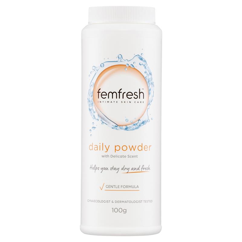Femfresh Daily Talc Free Powder 100g bottle, front of pack