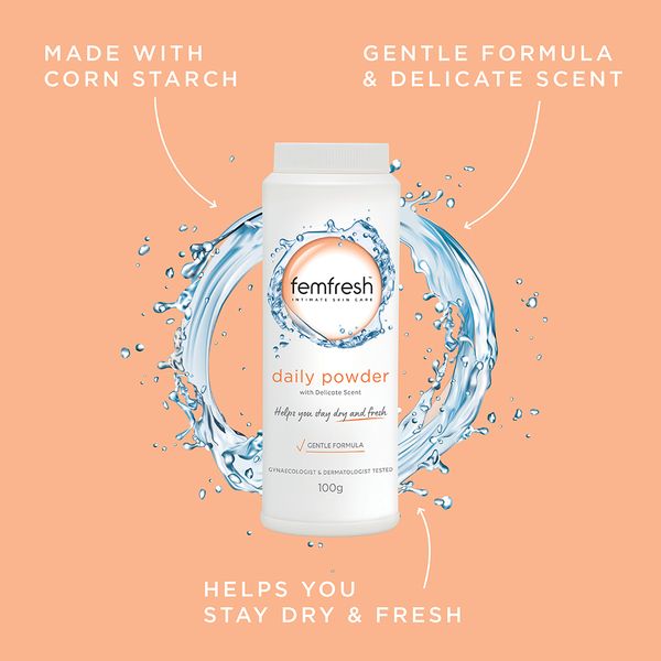 Femfresh Daily Powder is made with corn starch, with a gentle formula and delicate scent