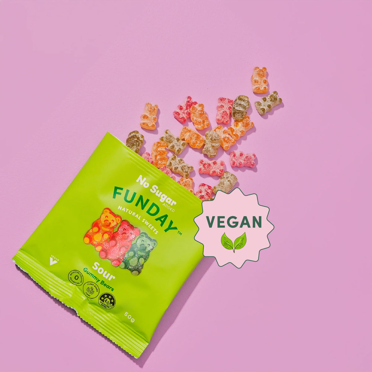 Funday Sour Vegan Gummy Bears 50g bag with sour coated bears