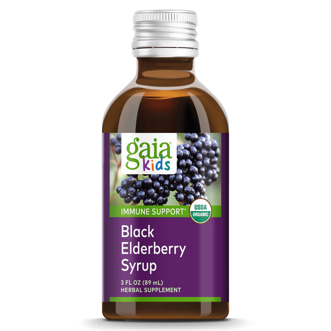 Gaia Herbs GaiaKids Black Elderberry Syrup Kids Strength, front of pack