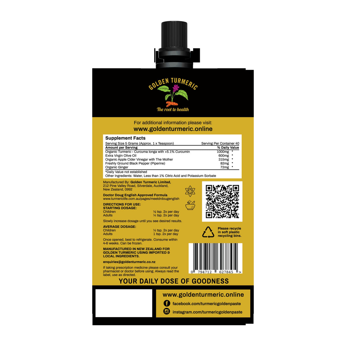 Turmeric Golden Paste back label showing supplement facts, ingredients and dosage