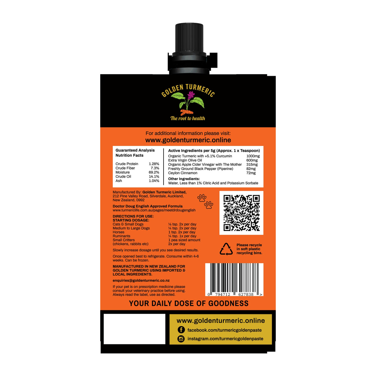 Turmeric Golden Paste for Pets back label showing active ingredients, guaranteed analysis and feeding amounts