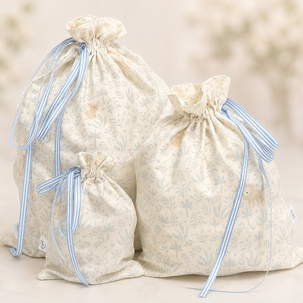 Baby Boy handmade fabric gift bag by Gifted With Love, shown in all three sizes