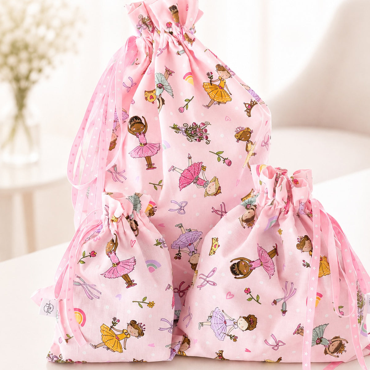 Pink Ballerina handmade fabric gift bag by Gifted With Love, shown in all three sizes