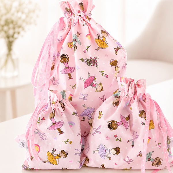 Pink Ballerina handmade fabric gift bag by Gifted With Love, shown in all three sizes