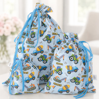 Blue Construction handmade fabric gift bag by Gifted With Love, shown in all three sizes