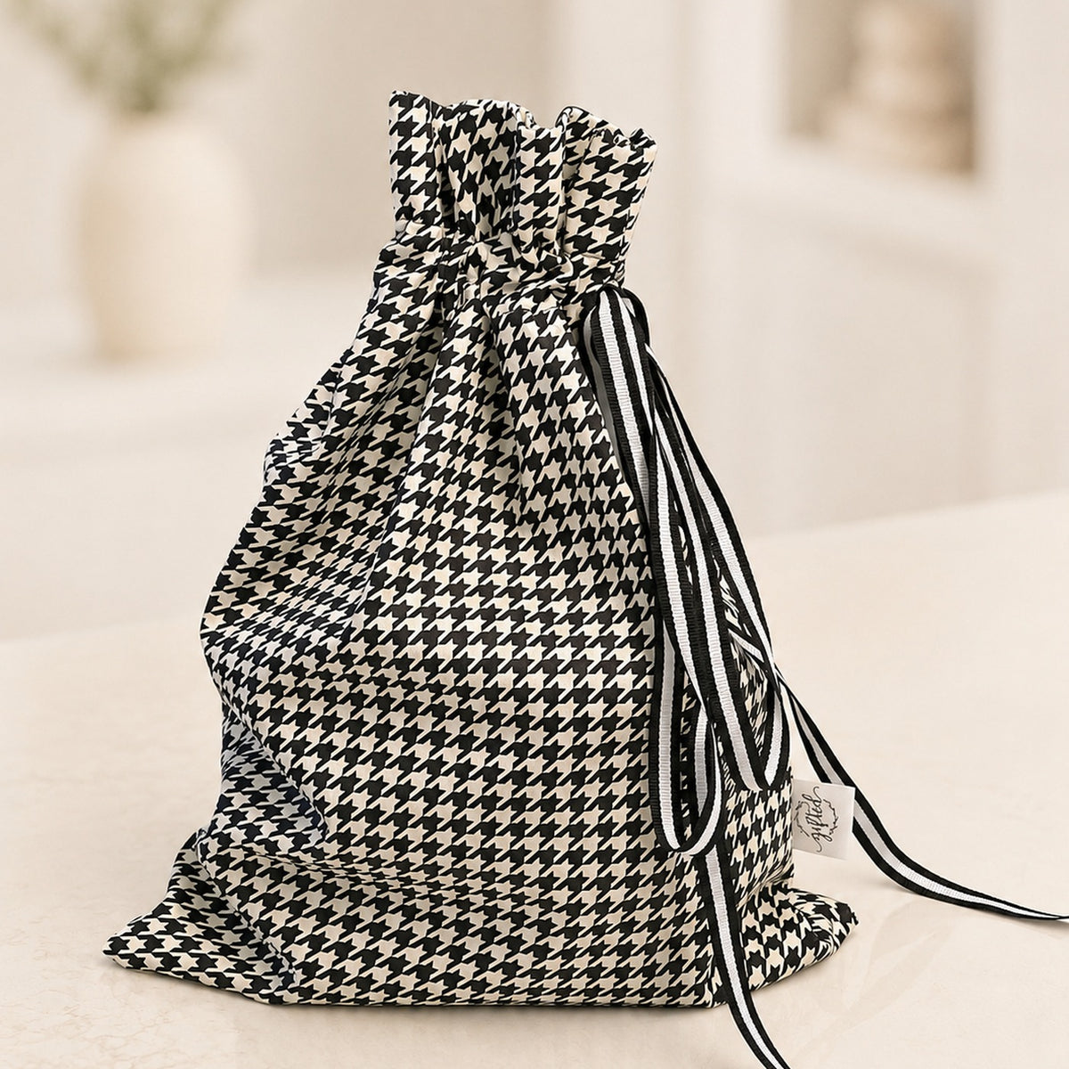 Houndstooth Black and White handmade fabric gift bag by Gifted With Love, shown in all three sizes