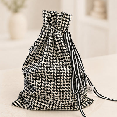 Houndstooth Black and White handmade fabric gift bag by Gifted With Love, shown in all three sizes