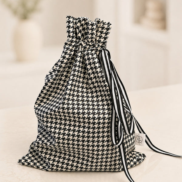 Houndstooth Black and White handmade fabric gift bag by Gifted With Love, shown in all three sizes