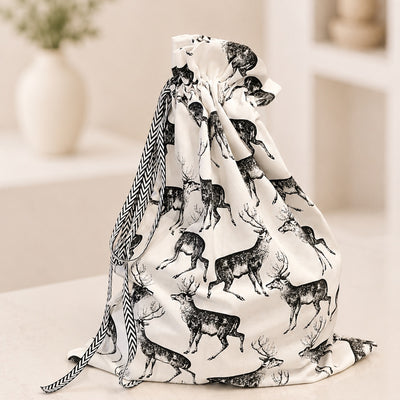 Stag Black and White handmade fabric gift bag by Gifted With Love, shown in all three sizes
