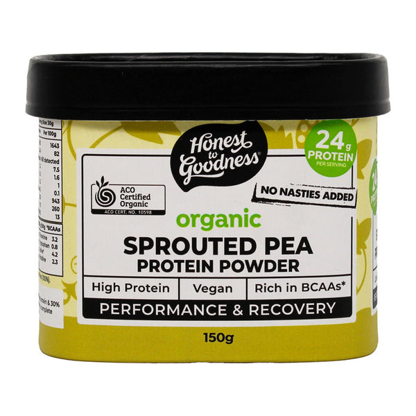 Honest to Goodness Organic Sprouted Pea Protein Powder 150g tub, front of pack