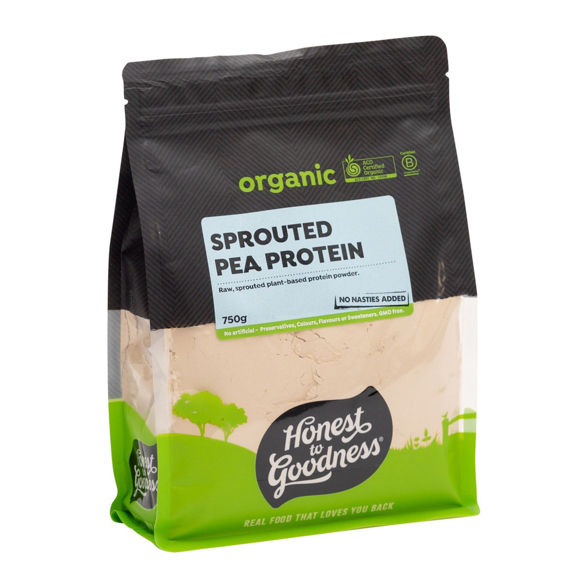 Honest to Goodness Organic Sprouted Pea Protein 750g pouch, side view