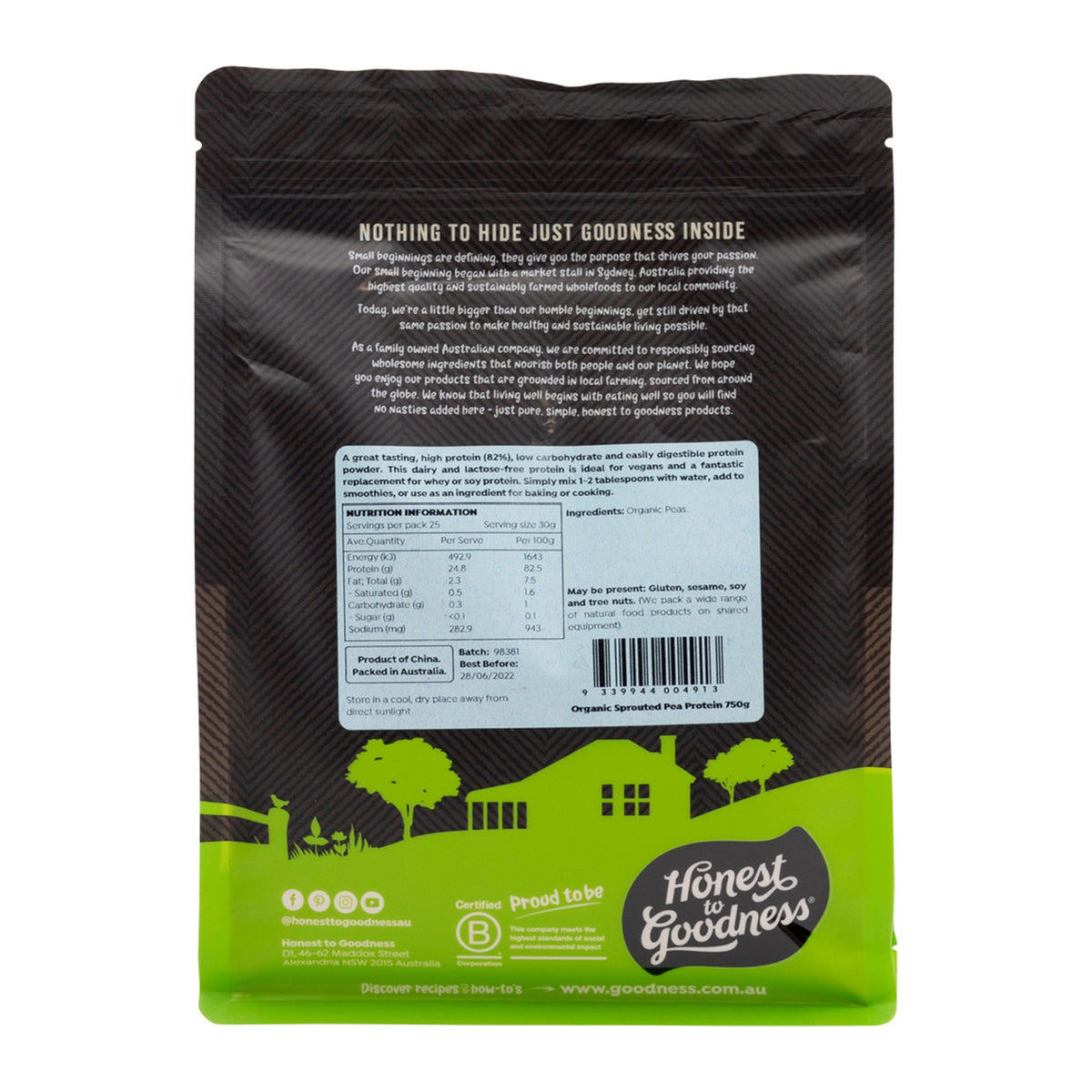 Honest to Goodness Organic Sprouted Pea Protein back of pack showing ingredients and nutrition panel