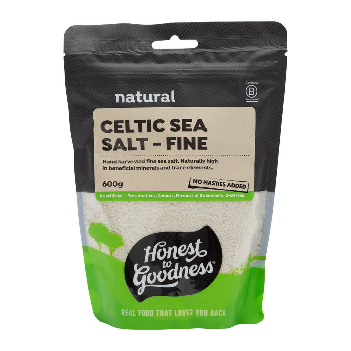 Honest to Goodness Celtic Sea Salt Fine 600g pouch, front of pack