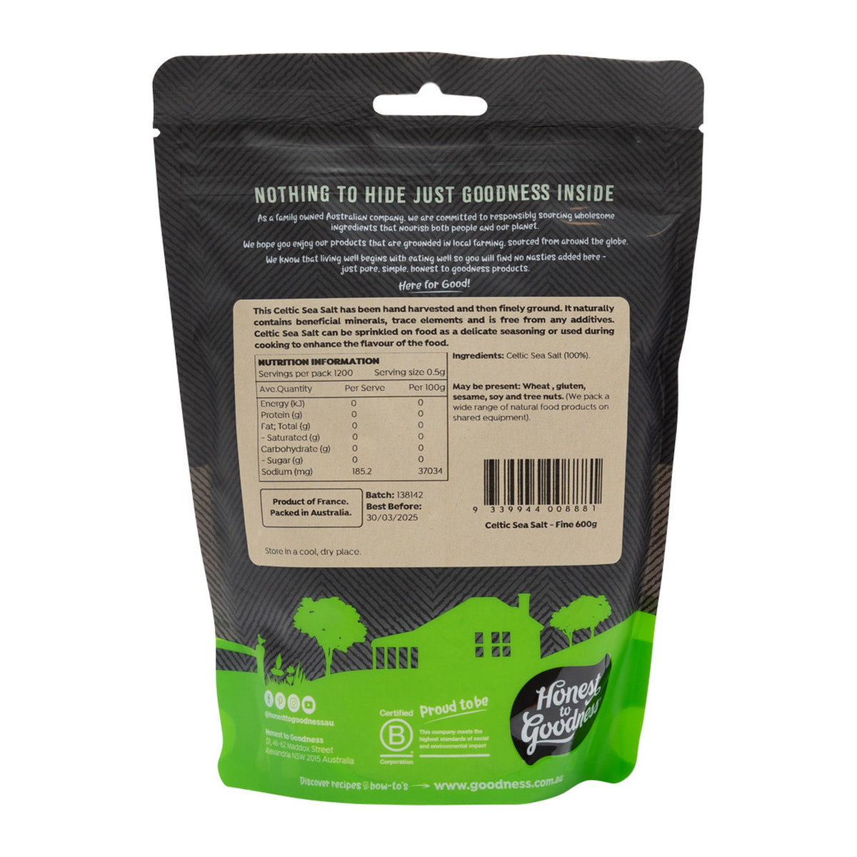 Honest to Goodness Celtic Sea Salt back of pack showing ingredients and nutrition panel