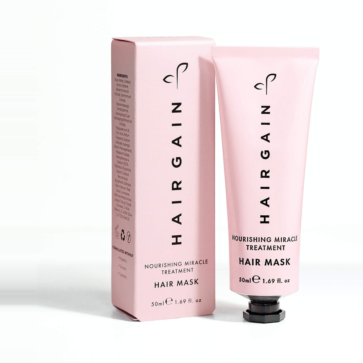 Hair Gain Hair Mask 50ml travel tube beside its pink carton