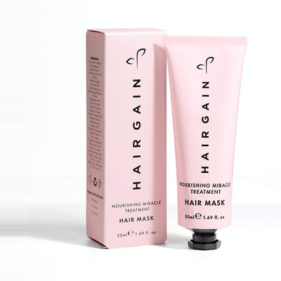 Hair Gain Hair Mask 50ml travel tube beside its pink carton