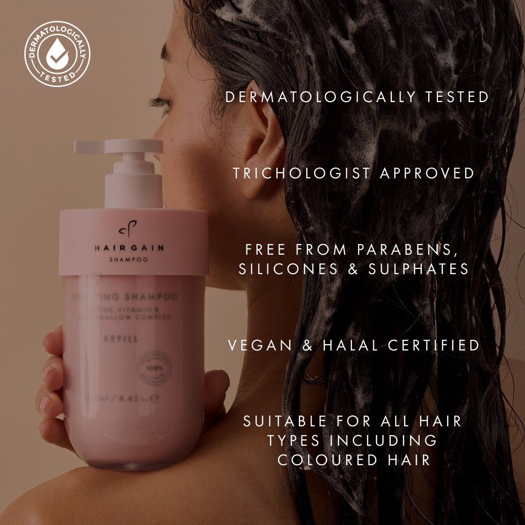 Hair Gain shampoo features: dermatologically tested, trichologist approved, vegan and halal