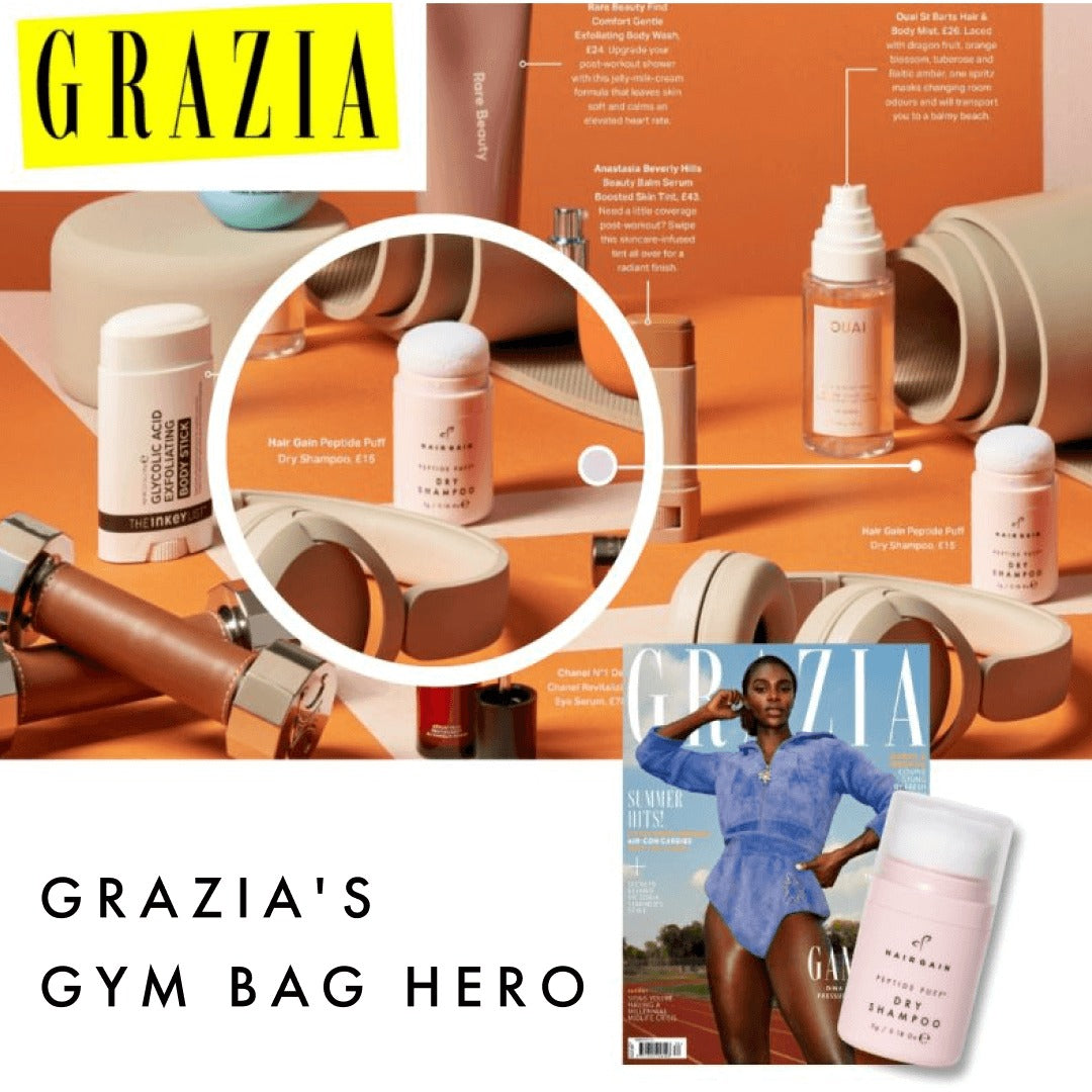 Hair Gain Peptide Puff named Gym Bag Hero in a Grazia magazine feature