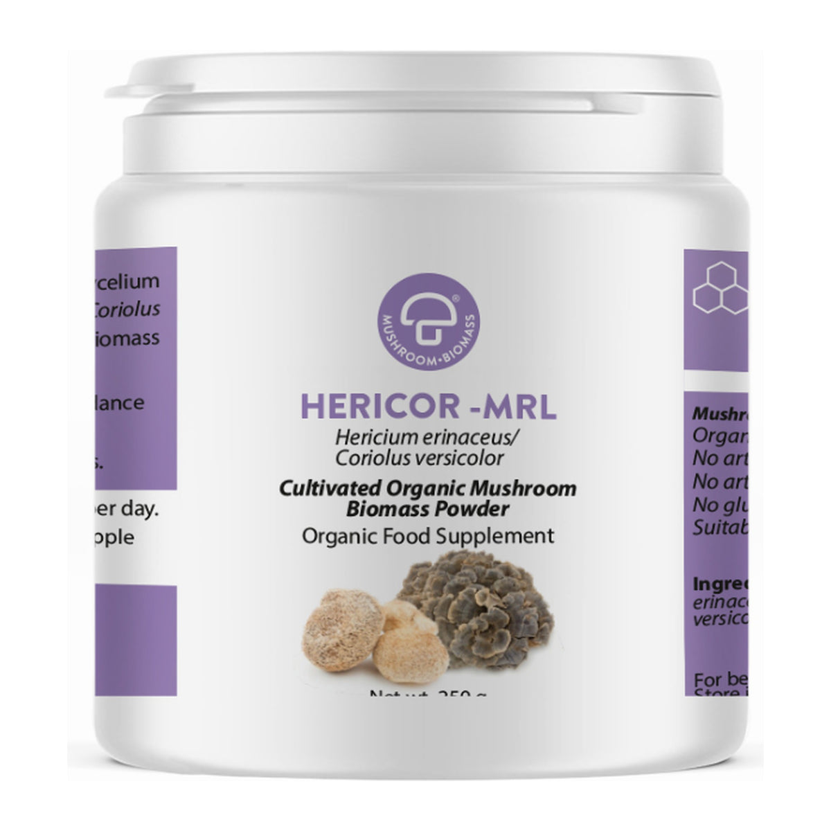 Hericor-MRL 250g tub of organic Coriolus versicolor and Hericium erinaceus biomass powder