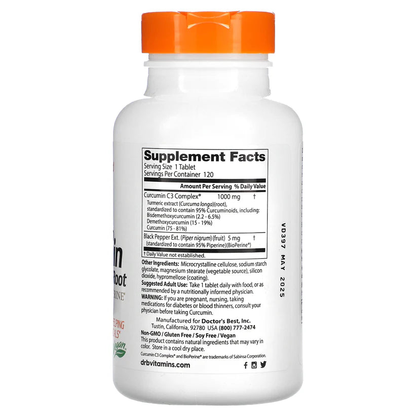 Image of High Absorption Curcumin C3 with BioPerine 1000mg 120caps supplement facts
