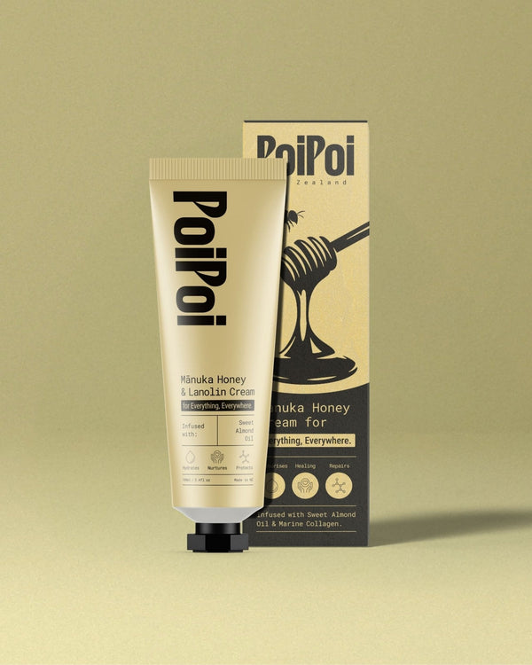 PoiPoi Mānuka Honey & Lanolin Cream 100g tube beside its box
