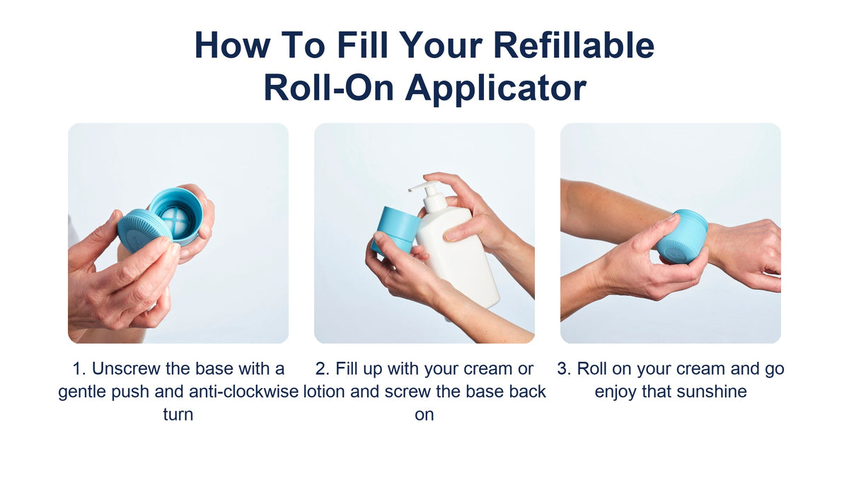 How to fill your refillable roll-on applicator: unscrew the base, fill with your cream or lotion, screw the base back on and roll it on