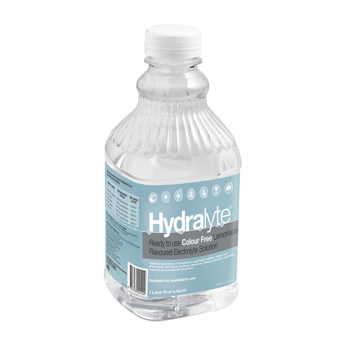 Hydralyte Ready To Use Colour Free Lemonade electrolyte solution, 1 litre bottle, front of pack