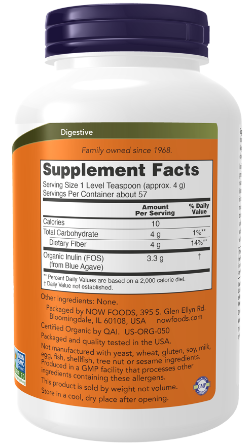 Image of Inulin Prebiotic FOS powder USDA Organic 227g supplement facts