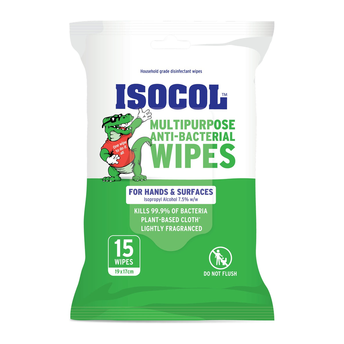 Isocol Multipurpose Anti-bacterial Wipes 15 pack, front of the green and white soft pack