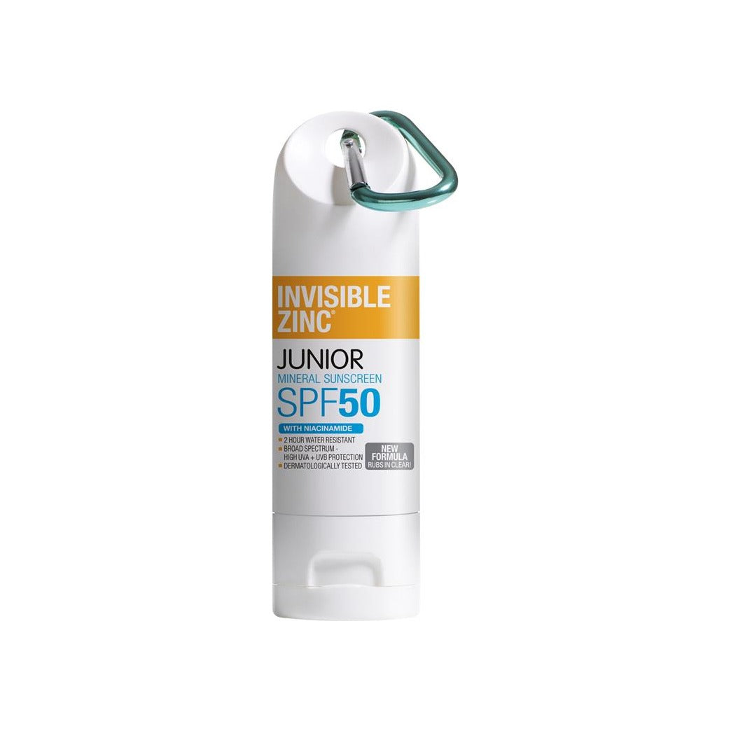 Invisible Zinc Junior Mineral Sunscreen SPF50 60g clip-on tube, front
