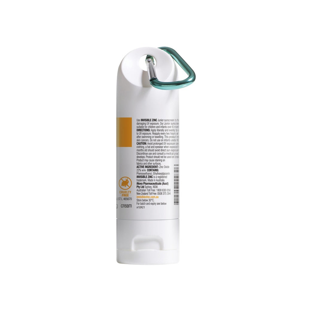 Invisible Zinc Junior SPF50 60g tube, back with ingredients and directions