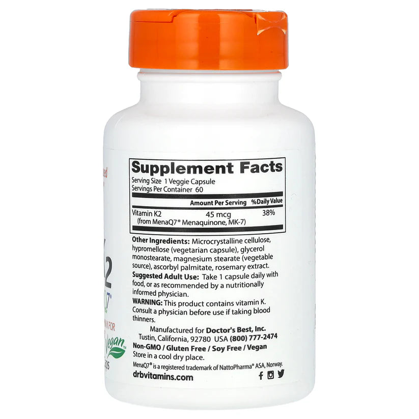 Image of Natural Vitamin K2 MK-7 with MenaQ7 (45mcg) 60caps supplement facts