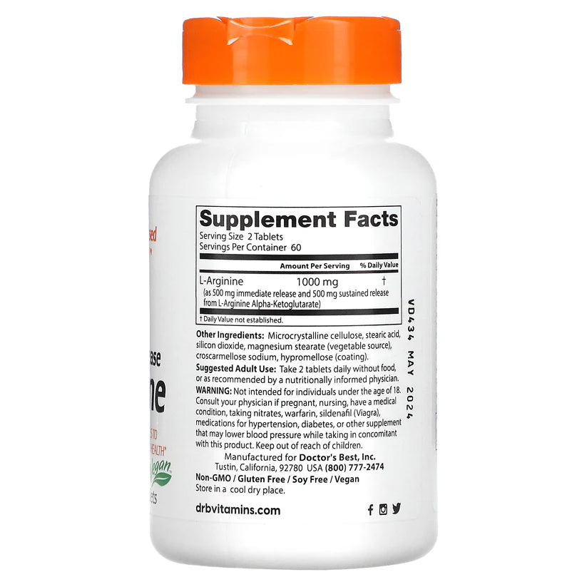 Image of Sustained + Immediate Release L-Arginine 120tabs supplement facts