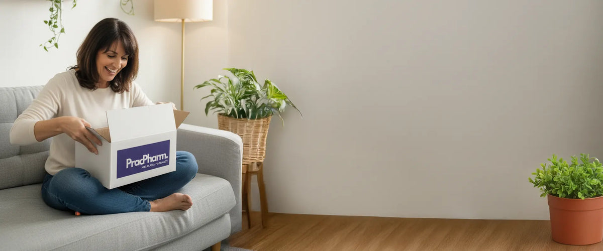 Woman opening a ProPharm box in a living room with plants and a lamp.