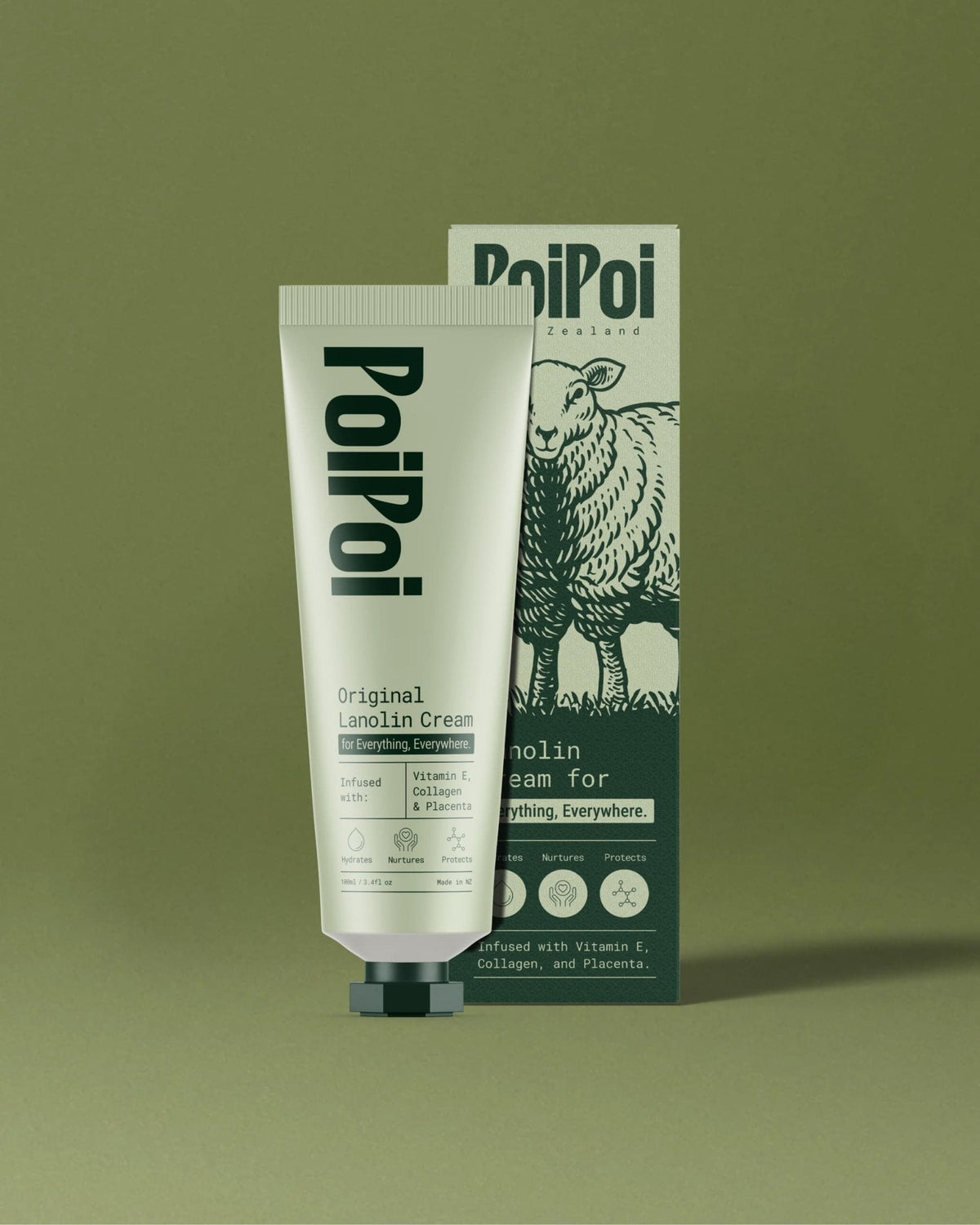 PoiPoi Lanolin Cream 100g tube beside its printed box