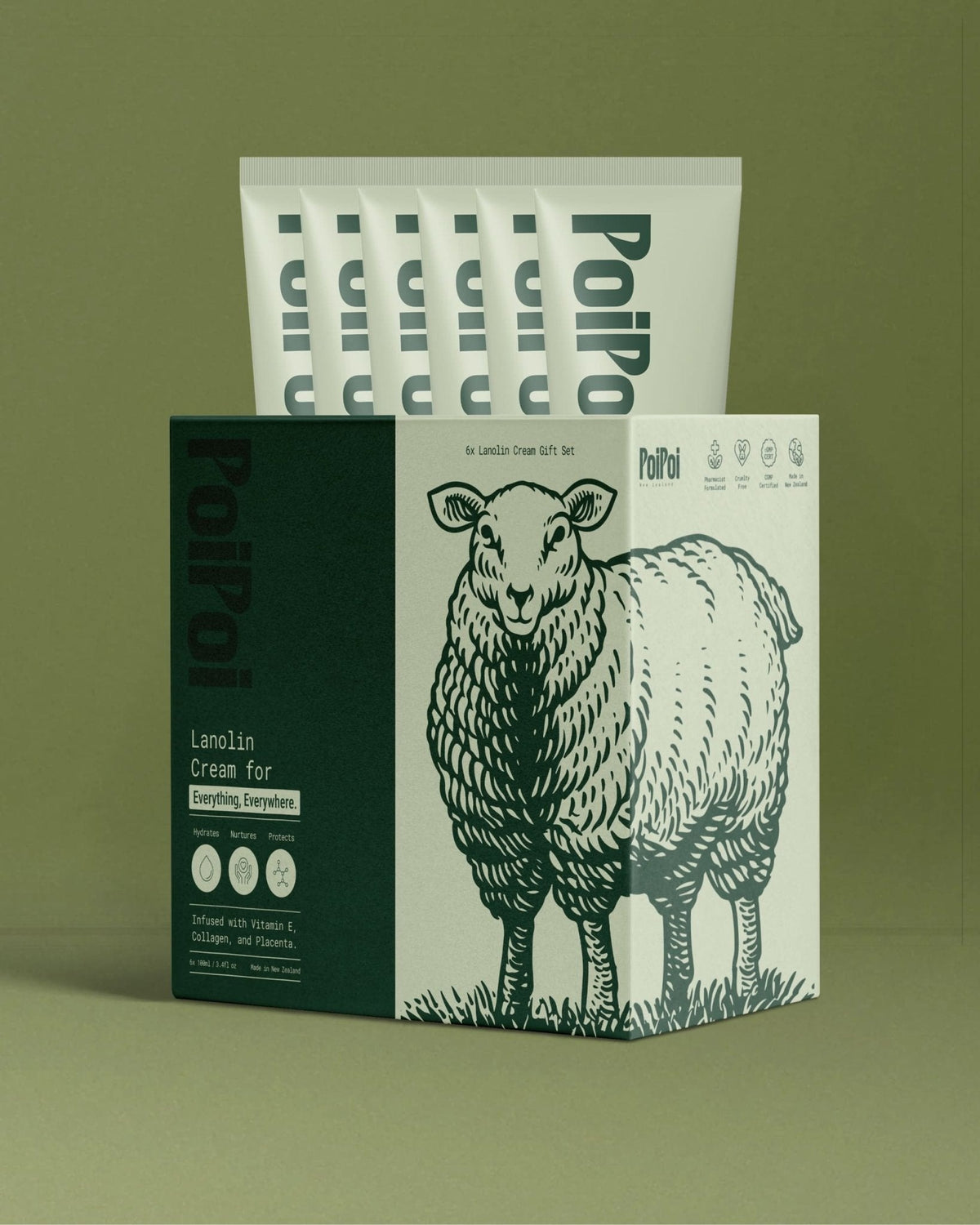 The six pack gift box of PoiPoi Lanolin Cream, tubes standing behind it